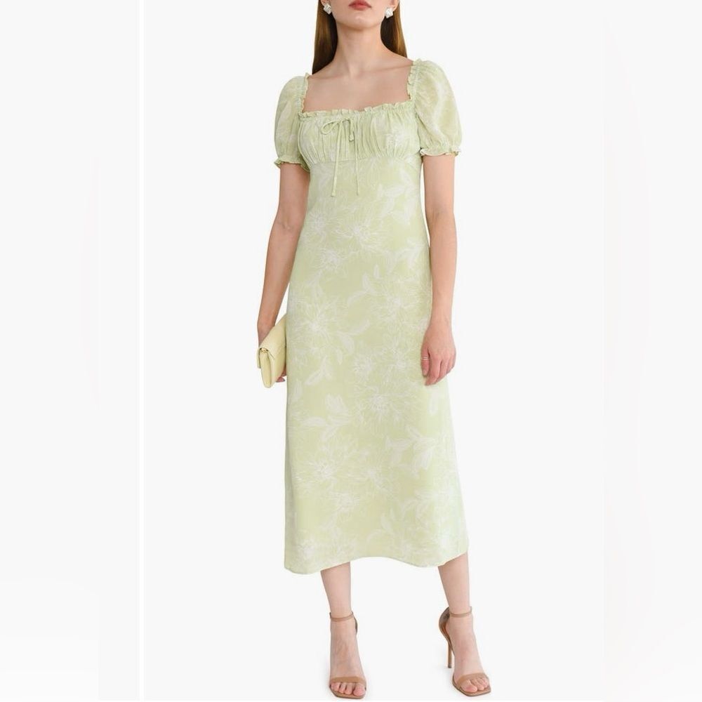 Wayf Light Green Floral Square-Neck Puff Sleeve Midi Dress